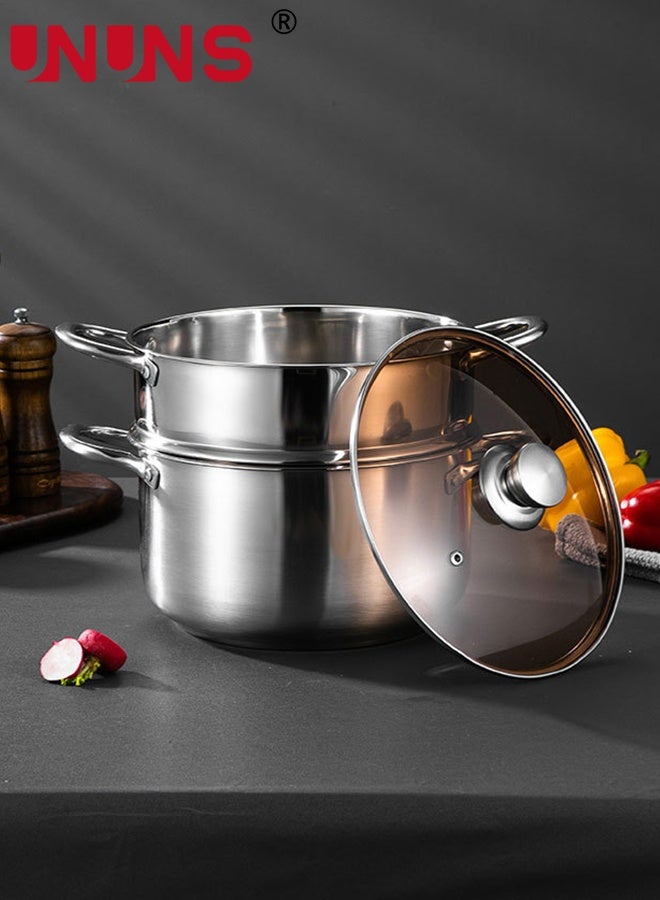 UNUNS Steamer for Cooking,2-Tier 24CM Stainless Steel Steaming Pot with Steamer Basket for Vegetable,Dumpling,Soup,Pasta,Seafood,Transparent Glass Lid and Handle for Safe Cool Touch Cooking - Image 3